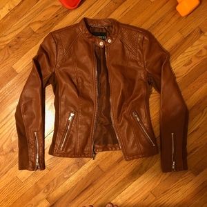 Express faux brown leather moto jacket